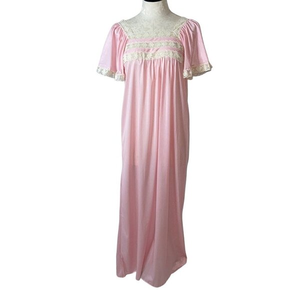 Vintage Other - Vintage Womens Nightgown Size Medium Pink Nylon Lace Trim Flutter Sleeve Silky